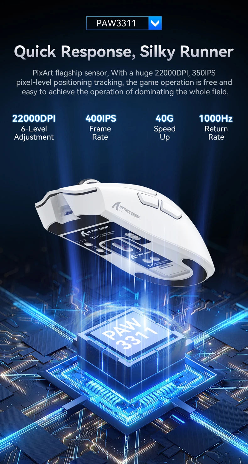 ATTACK SHARK X11 Lightweight Wireless Gaming Mouse with RGB Backlight Charging, Up to 22K DPI, PAW3311 Optical Sensor, HUYU Switch