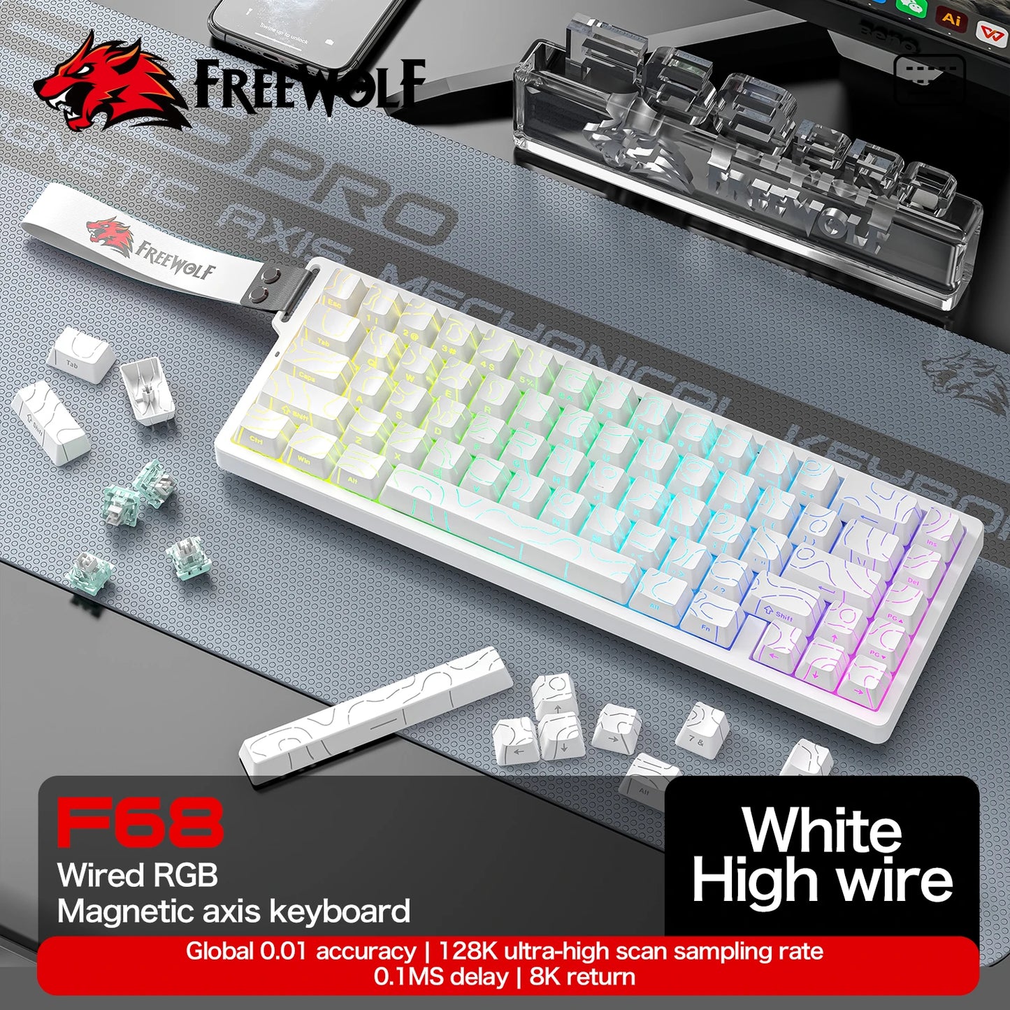 FREEWOLF F68 F68PRO Magnetic Gaming Keyboard Mechanical Wired for Pro Gaming 0.01mm Rapid Trigg 8000Hz SOCD/RS 0.1ms 128K Rate
