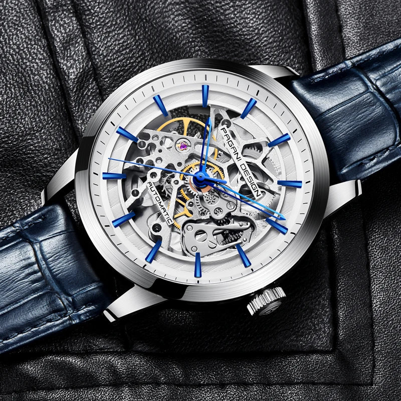 PAGANI DESIGN New Skeleton Men's Mechanical Watches Top Luxury Automatic Watch Men Blue Leather Waterproof Wrist watch Men