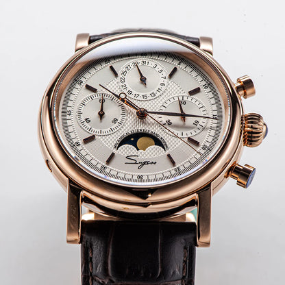 Sugess Men Watch ST1908 Swanneck Movement Mechanical Chronograph Wristwatch Genuine Moonphase Calendar Vintage Leather NEW 2023