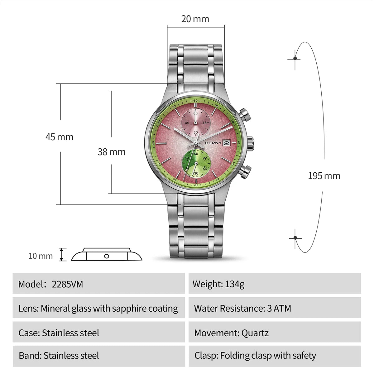 BERNY Watches for Men Fashion Casual Multi-function Chronograph Quartz Men's Watch Luminous Date Colorful Sports Wristwatch