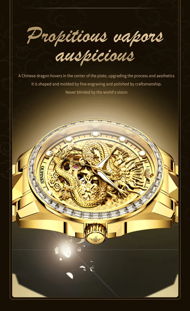 OUPINKE Orologio da uomo Top Brand di lusso in oro e acciaio al tungsteno, orologio da polso meccanico automatico originale con quadrante con motivo drago