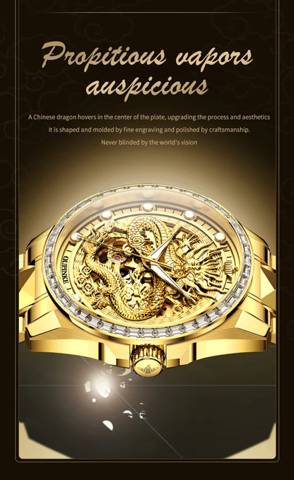 OUPINKE Orologio da uomo Top Brand di lusso in oro e acciaio al tungsteno, orologio da polso meccanico automatico originale con quadrante con motivo drago