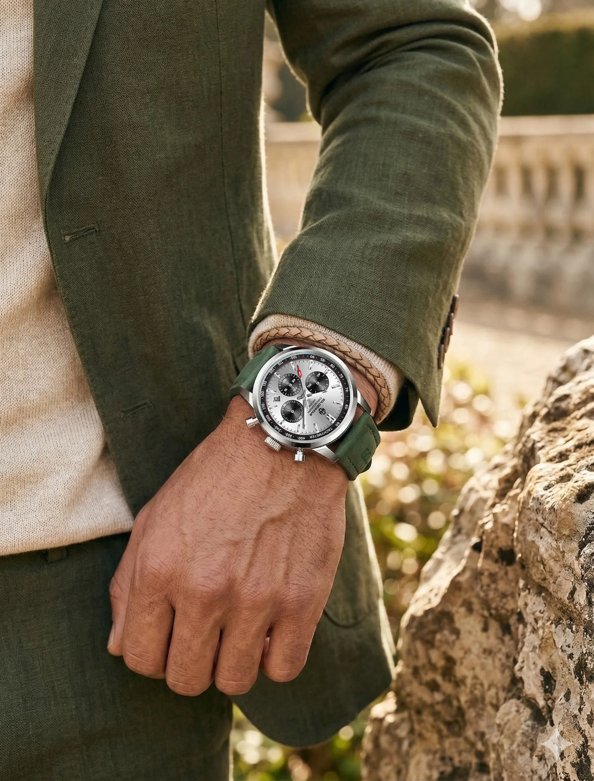 Montre de luxe pour homme GOLDENHOUR – Chronographe à quartz, cadran vert, bracelet en cuir, étanche, luminescente, style militaire et sportif