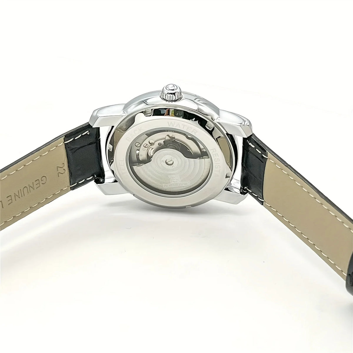 Mekanisk automatisk herreur – Elegant skeletdesign, trendy »business casual«-stil, urkasse i legering og læderrem, uden batteri