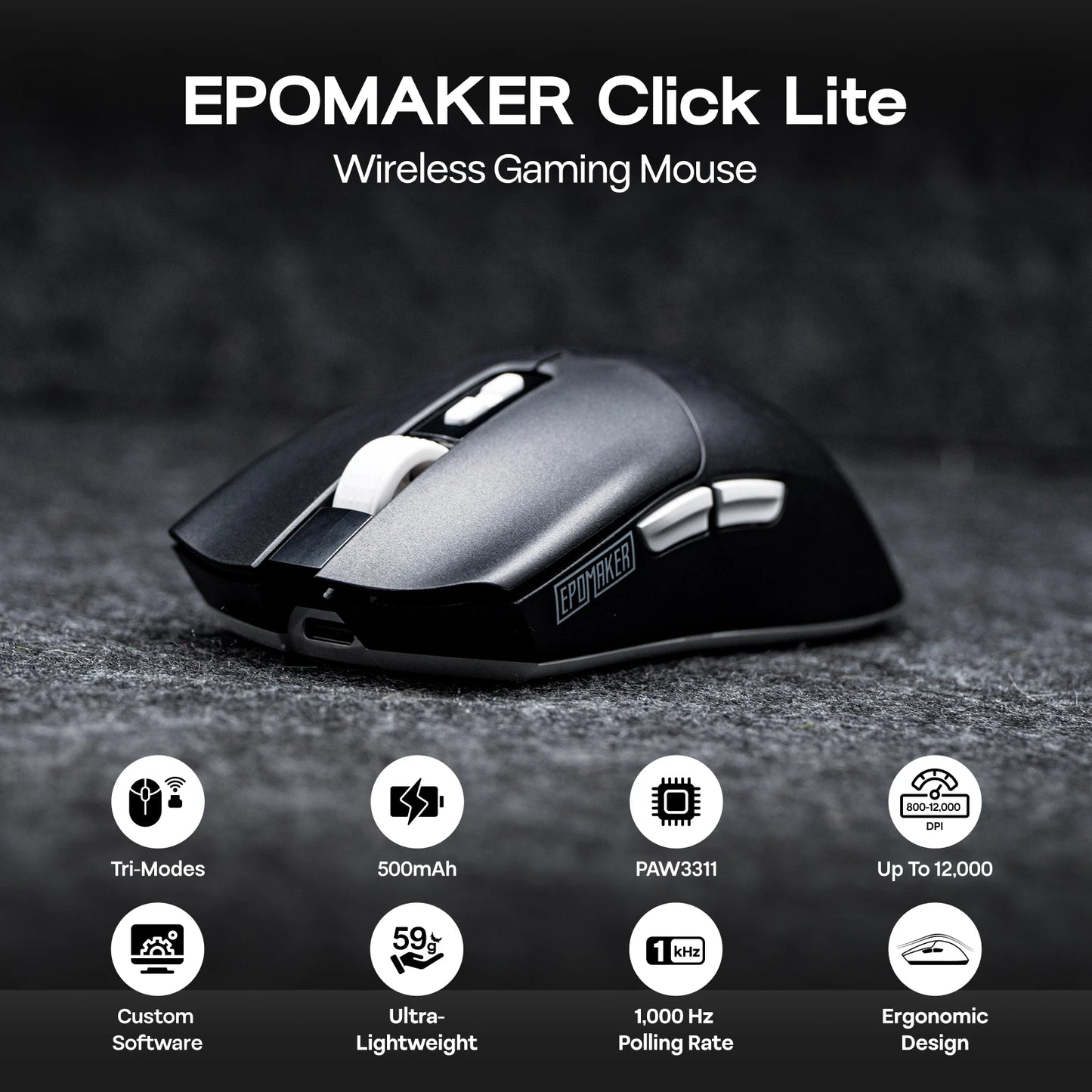 Rato Gaming sem Fios/BT/2.4GHz e com Fio EPOMAKER Click Lite, Sensor PAW3311, 800 a 24000 DPI, com Bateria de 500mAh para PC/Mac/Linux