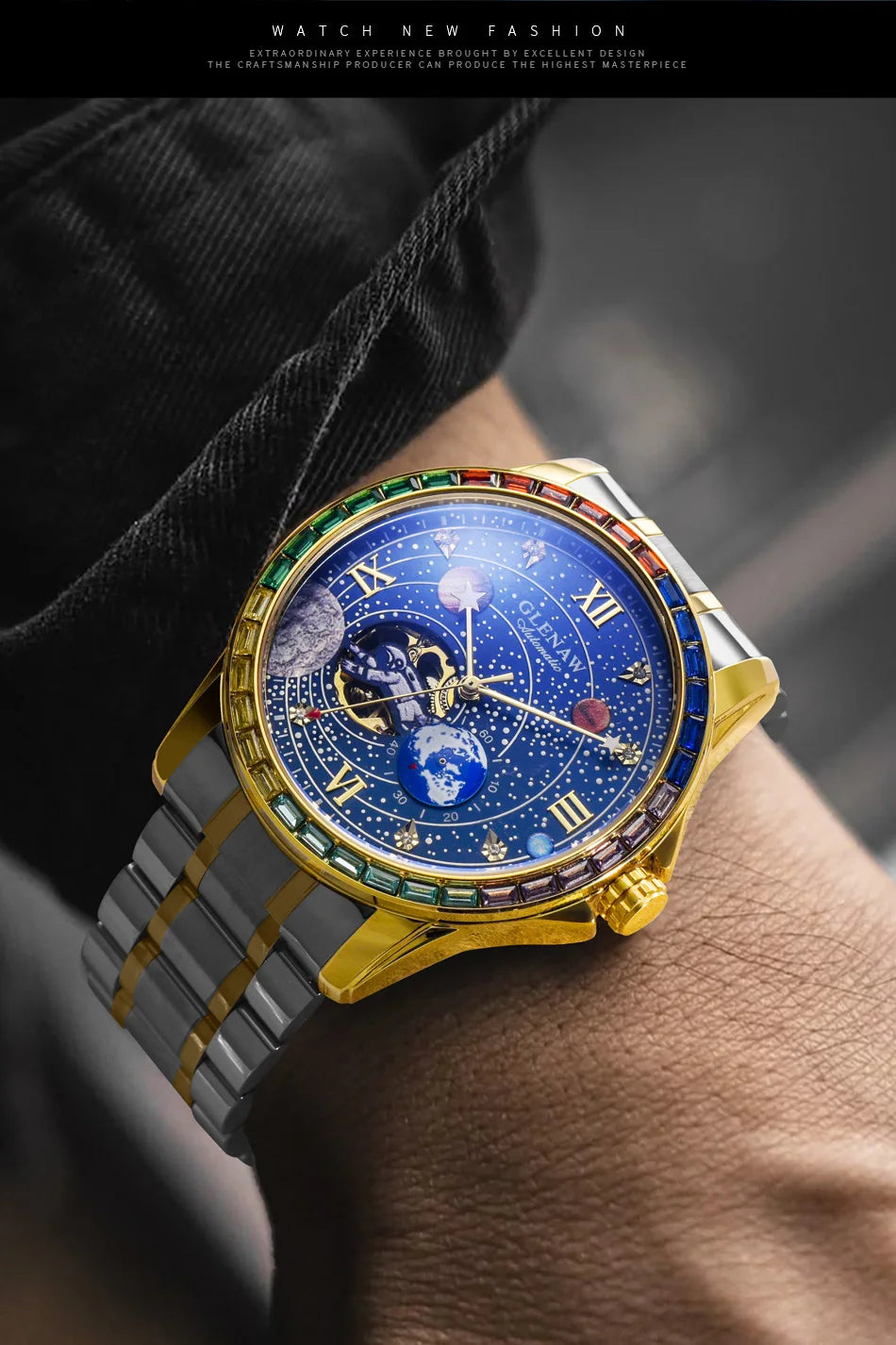 GLENAW New Rotating Earth Mechanical Watch Men Space astronaut dial Night Light Waterproof Stainless Steel Strap Automatic Watch