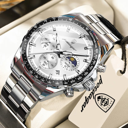 Luxusní, elegantní a vodotěsné pánské hodinky POEDAGAR, quartzový chronograf s datem, klasický a zářivý styl.