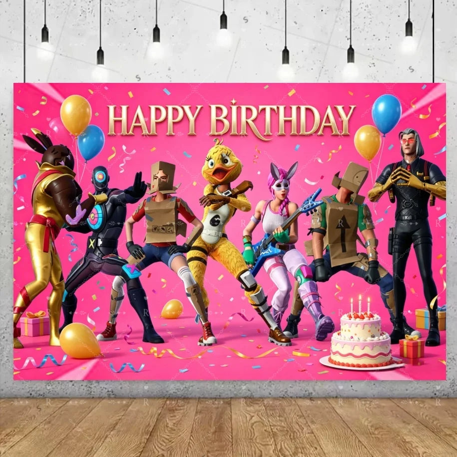 Fundo decorativo de aniversário com tema Fortnite — banner gamer Fortnite para meninos e meninas, pano de fundo para fotografia e presente para crianças