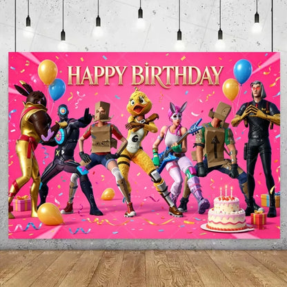 Fundo decorativo de aniversário com tema Fortnite — banner gamer Fortnite para meninos e meninas, pano de fundo para fotografia e presente para crianças