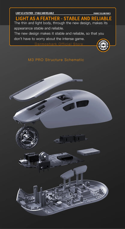 Mouse da gaming Darmoshark M3Pro 2.4G BT wireless tri-mode, sensore PAW3395, N52840, 26000DPI, mouse con driver macro per mani grandi per il gaming