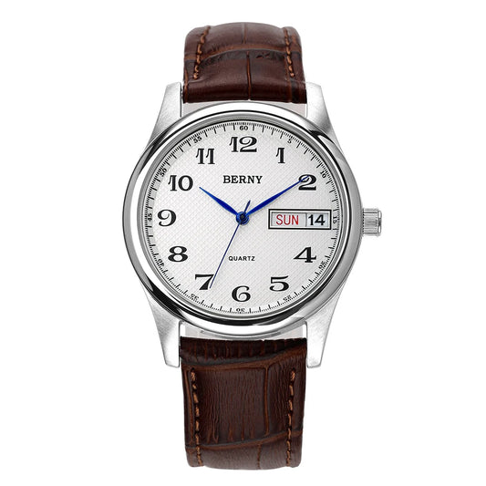 BERNY Men's Watch Quartz Day Top Calendar Wristwatch Waterproof Blued Steel Hands Arabic Numerals Easy Read Relogio Masculino