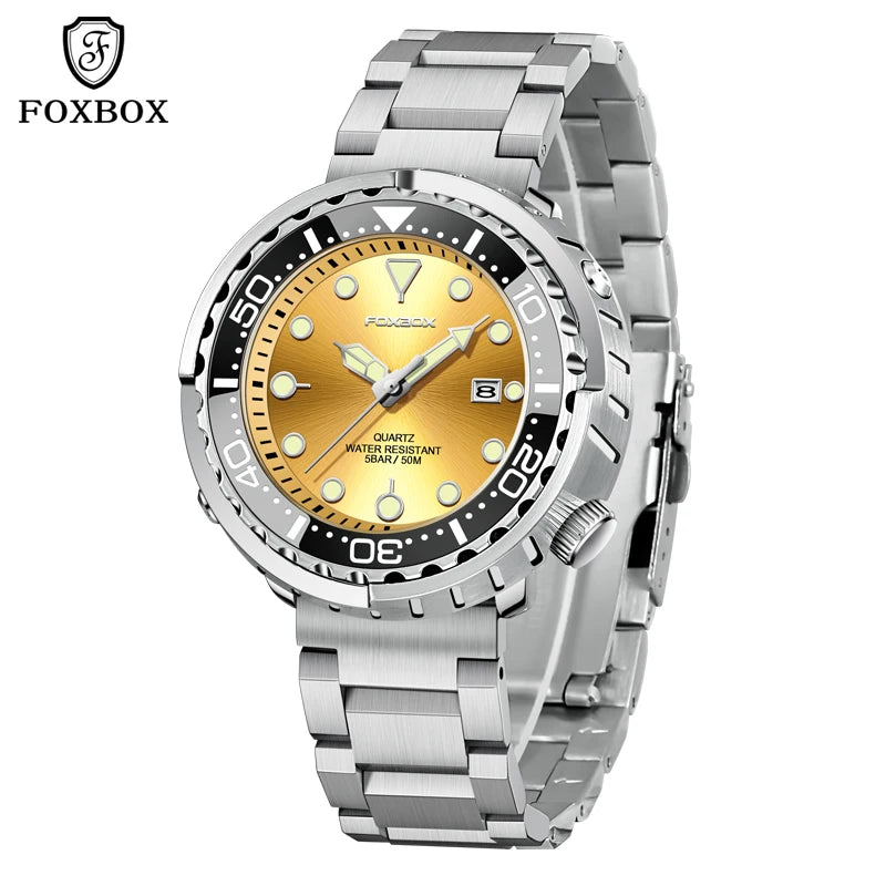 FOXBOX  Top Brand Fashion Diver Watch Men 50ATM Waterproof Date Clock Sport Watches Mens Quartz Wristwatch Relogio Masculino