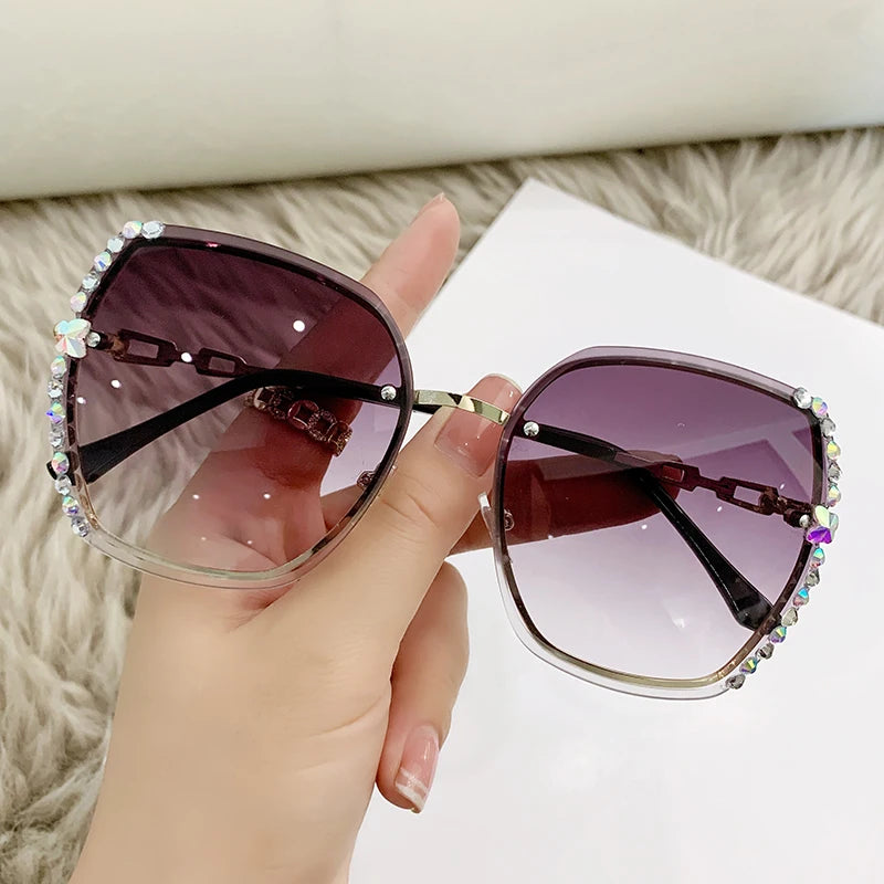 Rhinestone Decor Rimless Fashion Sunglasses For Women Men Casual Gradient Glasses For Summer Beach Party UV400