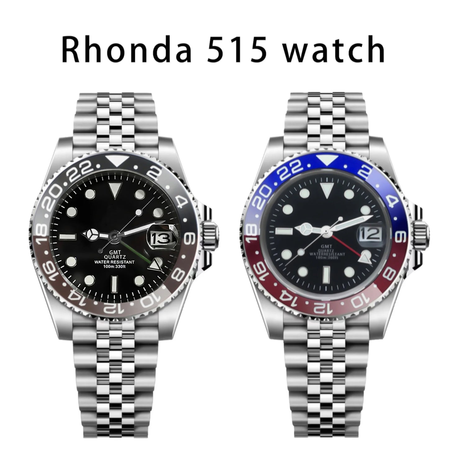 BLIGER 40mm 515 24H GMT Men's Watch Stainless Steel Clasp Luminous Quartz Movement Ceramic Bezel Sapphire Glass 10Bar Waterproof