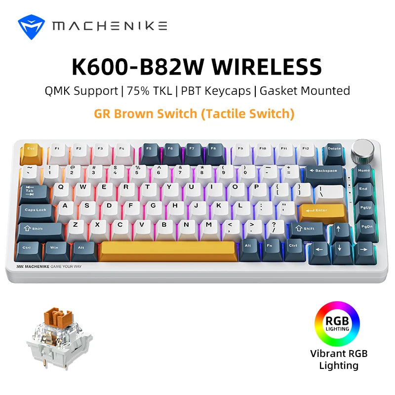 Tastiera meccanica Machenike K600-B82W Tri-Mode con montaggio Gasket, layout ANSI 75%, retroilluminazione RGB, tastiera gaming wireless