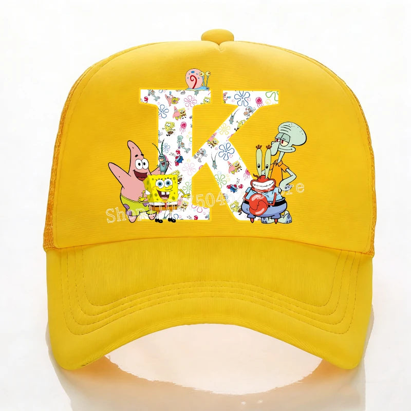 SpongeBobs Baseball Cap Kids Adult Summer Outdoor Sports Sun Hat Child Cute Letter A-Z Sunbonnet Breathable Mesh Headgear Gift