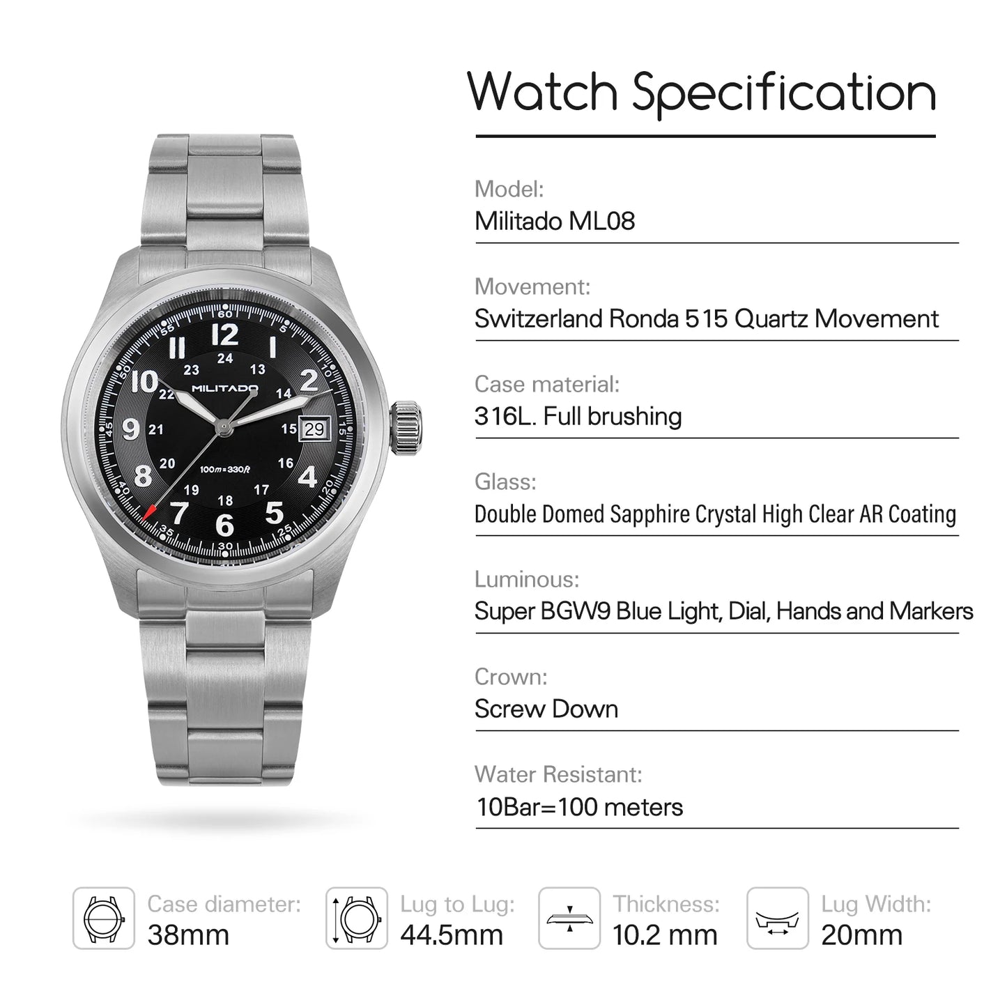 Militado ML08 Quartz Watch Ronda 515/VH31 Movement Domed Sapphire Wristwatch BGW9 Luminous 10Bar Waterproof 38mm Vintage Watches