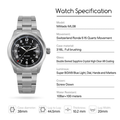Militado ML08 Quartz Watch Ronda 515/VH31 Movement Domed Sapphire Wristwatch BGW9 Luminous 10Bar Waterproof 38mm Vintage Watches