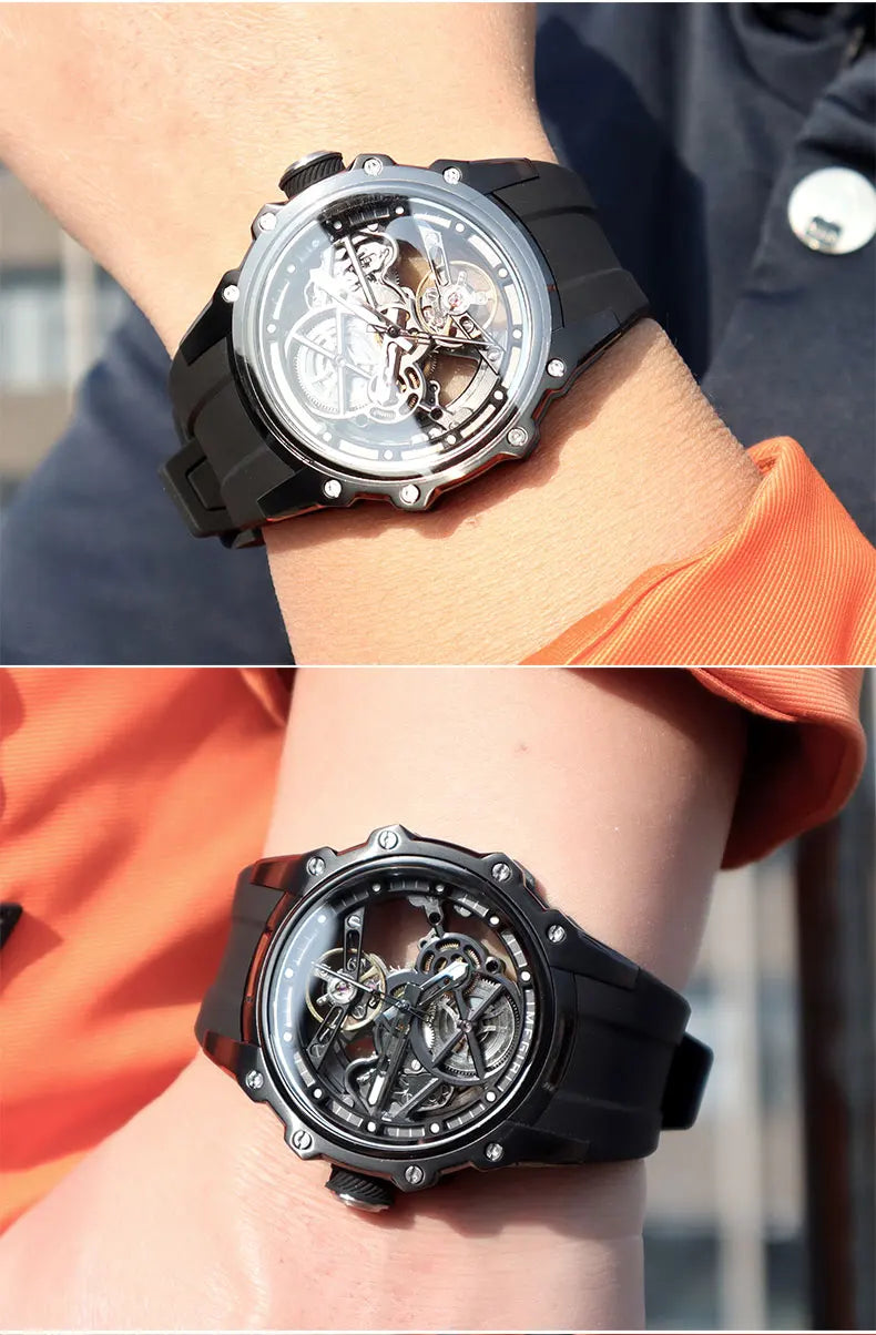 MEGIR Skeleton Dial Automatic Mechanical Watch Men Stainless Steel Case Waterproof Luminous Sport Wristwatch with Silicone Strap