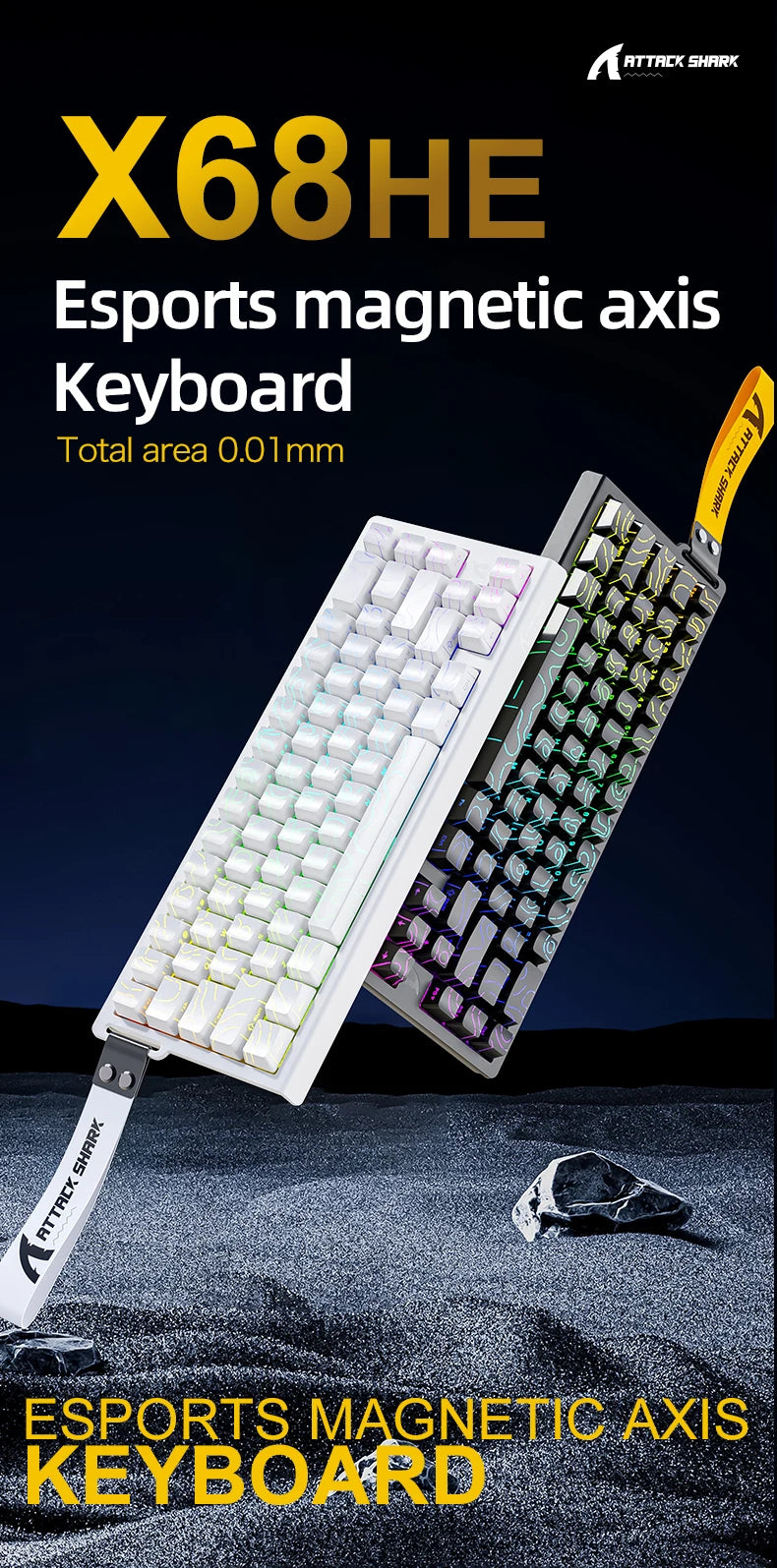 Teclado mecânico magnético ATTACK SHARK X68HE X68Pro He para gaming profissional, acionamento rápido de 0.01mm, 8000Hz, SOCD/Rs, 0.125ms, taxa de 128K