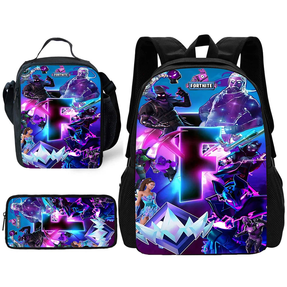 Child School Backpack with Lunch Bags, Pencil Bags, Hot Game Design-F-FortniteS School Bags for Boys Girls Best Gift