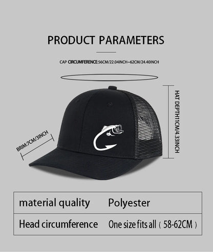 Trucker-kasket med bass-fiskekrog-print, justerbar, unisex, mesh, til fiskeentusiaster, solhat