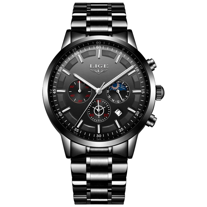 Montre pour homme LIGE – Chronographe à quartz de luxe, étanche (3 bars), avec aiguilles luminescentes – Idée cadeau (boîte incluse)