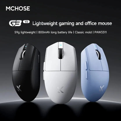 Rato sem fios eSports MCHOSE G3 V2 Pro leve, três modos, Bluetooth, PAW3395 de alto desempenho, 800mAh, gaming e escritório, 59g