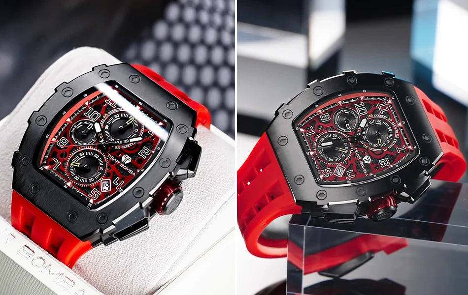 TSAR BOMBA Watch for Men Luxury Brand Tonneau Design Waterproof Clock Stainless Steel Wristwatch Fashion Rectangle Men's Watch