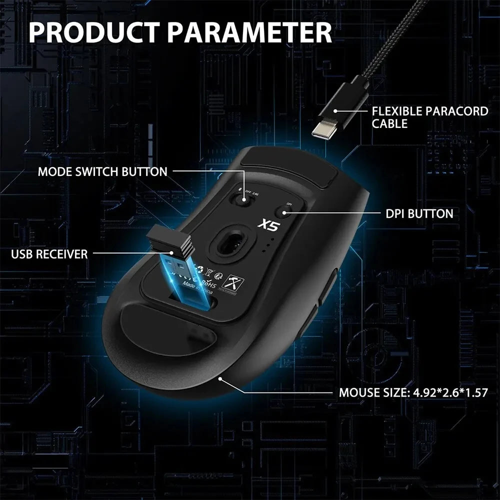 Rato Gaming Sem Fios ATTACK SHARK X5 49g, Bluetooth Tri-Mode, Sensor Ótico PixArt para PC/MAC/Windows