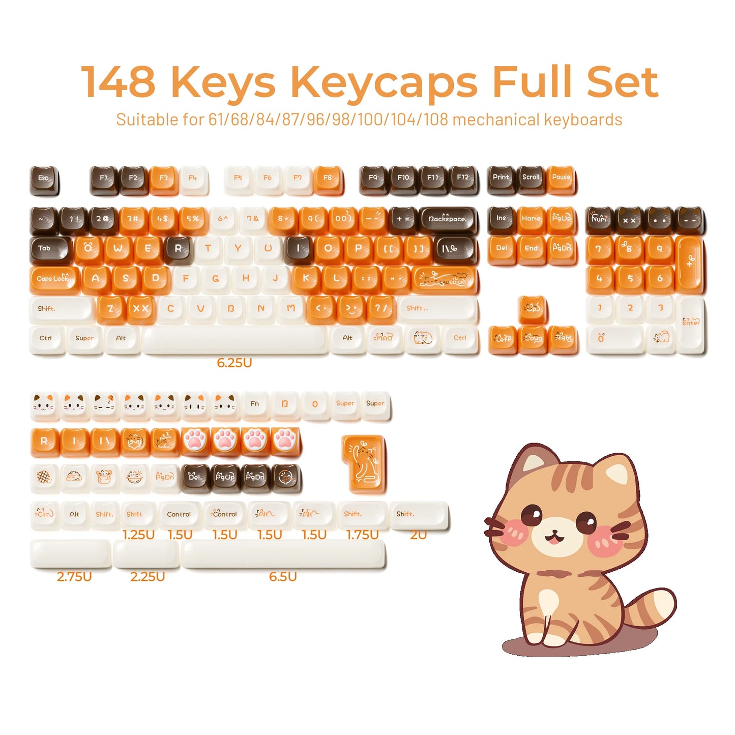 XVX 148 teclas teclas con temática de gatos perfil MAO, teclas coreanas brillantes y adorables para teclado 61 64 68 78 87 96 98 104 108