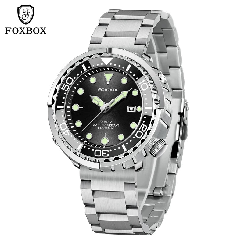 FOXBOX  Top Brand Fashion Diver Watch Men 50ATM Waterproof Date Clock Sport Watches Mens Quartz Wristwatch Relogio Masculino