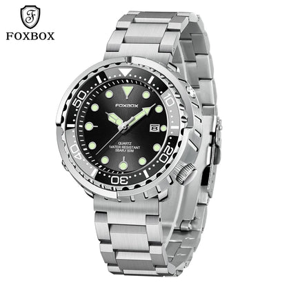 FOXBOX  Top Brand Fashion Diver Watch Men 50ATM Waterproof Date Clock Sport Watches Mens Quartz Wristwatch Relogio Masculino