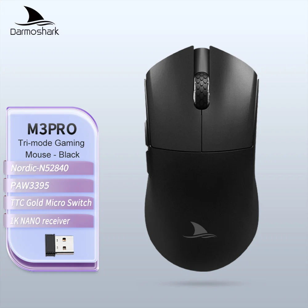 Mouse da gaming Darmoshark M3Pro 2.4G BT wireless tri-mode, sensore PAW3395, N52840, 26000DPI, mouse con driver macro per mani grandi per il gaming