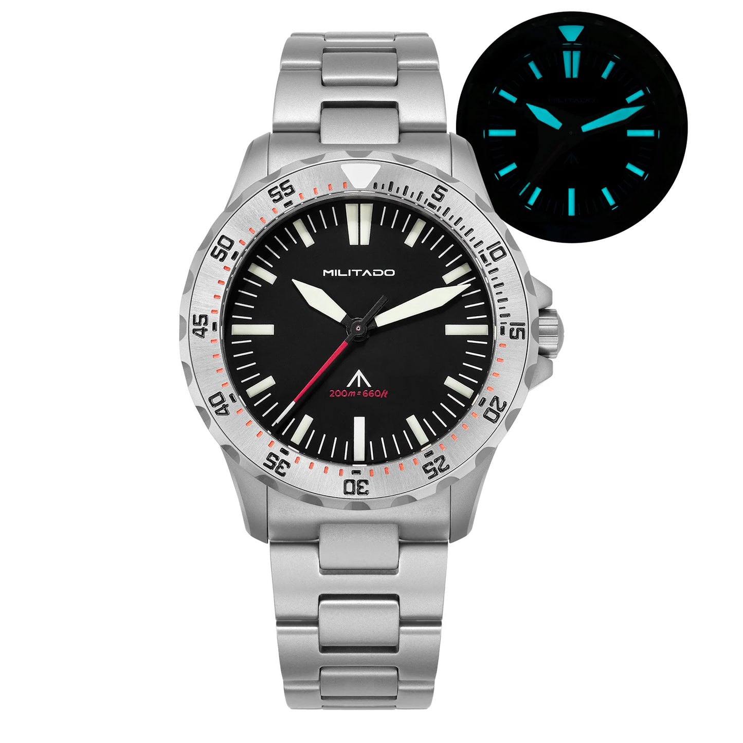 Militado ML16 39mm Quartz Dive Watch Sapphire Crystal 200M Water Resistant Ceramic Bezel BGW9 Lume Screw Down Crown