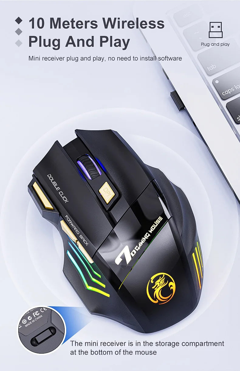 Mouse gaming wireless USB IMICE GW-X7 3200DPI dual mode ricaricabile, 7 tasti, 2.4Ghz, silenzioso, Bluetooth, LED breathing a 7 colori