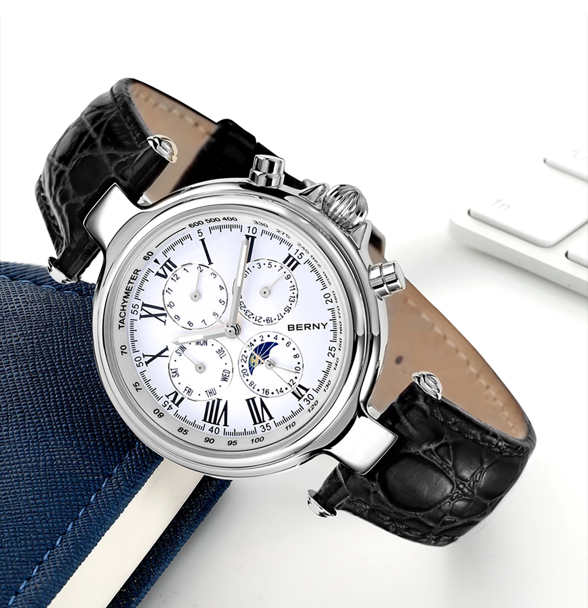 BERNY Classic Dress Automatic Watch for Men Luxury Stainless Steel Mechanical Wristwatch Leather Strap Waterproof Sliver Watches