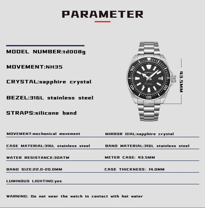 TOPHILL 43.5mm Professional Dive Watch Automatic NH35 Movement Sapphire 300M Waterproof Super Luminous Diving Men's Wristwatches