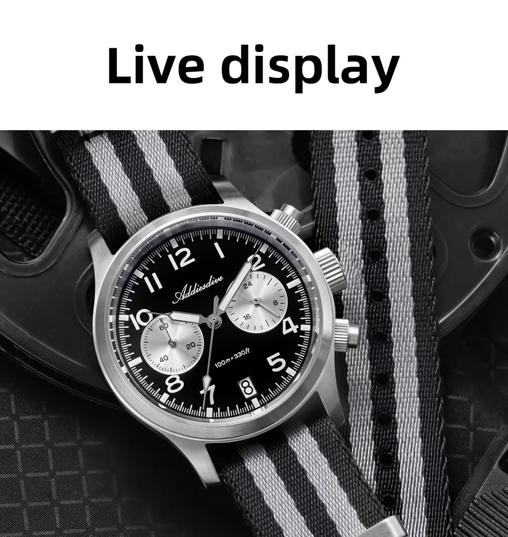 Relógio Masculino ADDIESDIVE 2025 New Panda Eye Retro Luxo VK64 Quartz, Cronógrafo Desportivo, 100M Impermeável, Luminoso