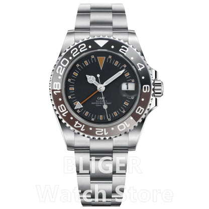 BLIGER 40mm 515 24H GMT Men's Watch Stainless Steel Clasp Luminous Quartz Movement Ceramic Bezel Sapphire Glass 10Bar Waterproof