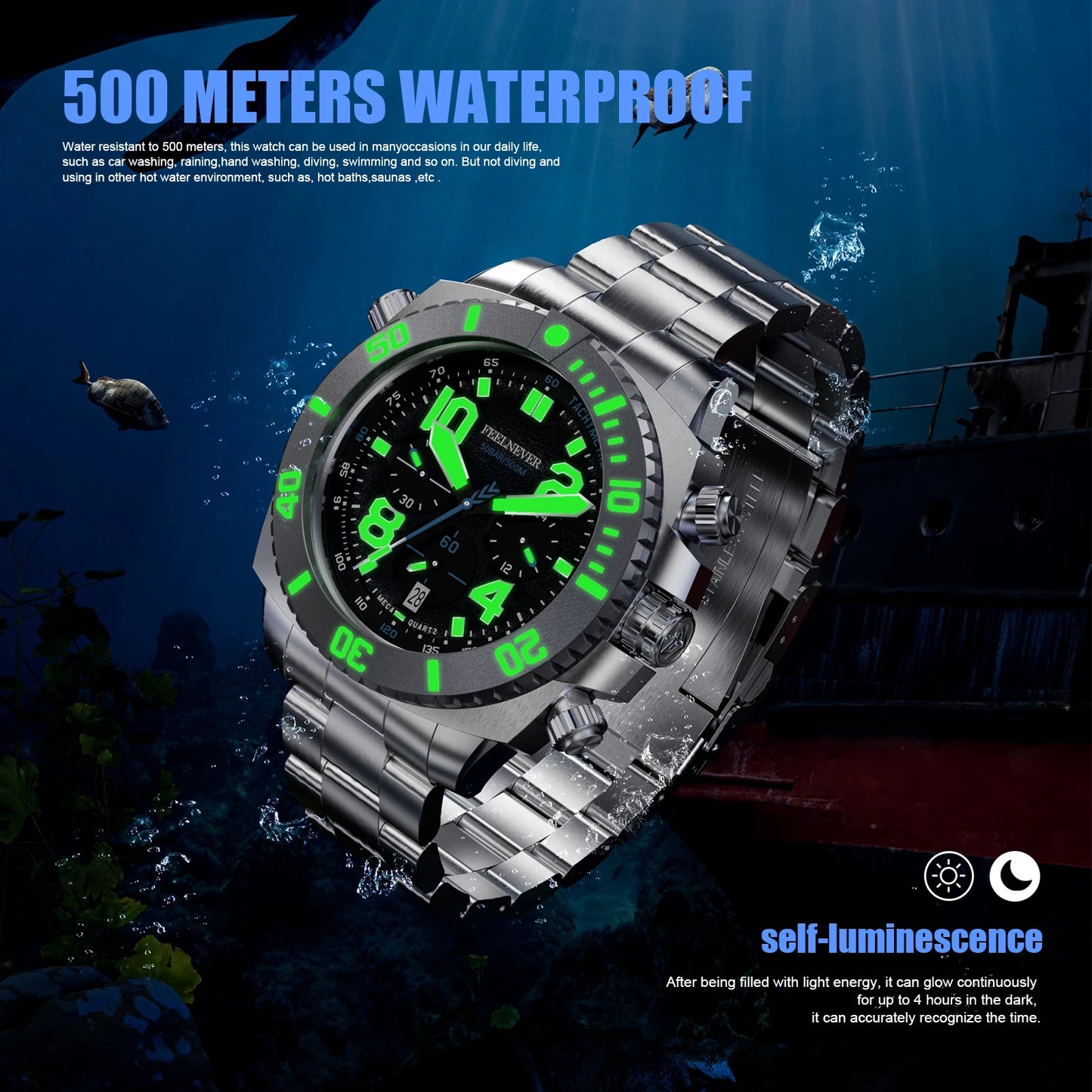 FeelNever Sport Automatic Movement Quartz Watch Stainless Steel Sapphire Crystal Watches for Men 500M Waterproof Clocks Watch for Men