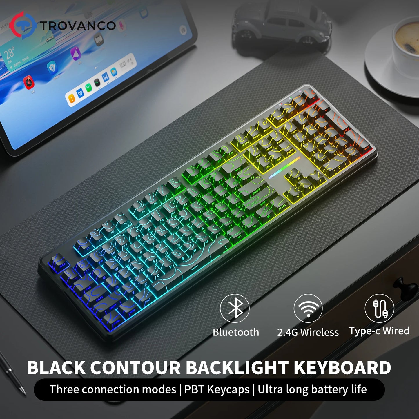 Tastiera Bluetooth V108 Pro Office a bassa rumorosità 2.4G cablata e wireless, layout completo con membrana retroilluminata RGB