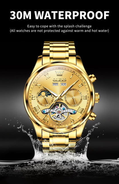 OLEVS 7005 Classic Business Mechanical Wristwatch for Man Skeleton Flywheel 24 Hour Moon Phase  Calendar Luxury Men's Watch