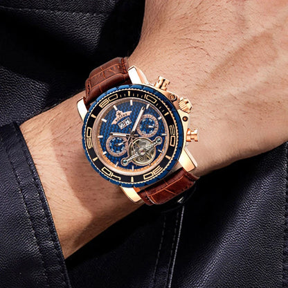 BOYZHE Brand Luxury Tourbillon Mechanical Watch Men Sports Leather Strap Waterproof Classic Date Week Automatic Sapphire Watches