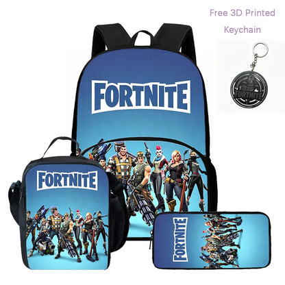 Conjunto FORTNITE leve de 3 peças: mochila com bolso frontal, lancheira e estojo, com porta-chaves 3D impresso grátis, para meninos, meninas e crianças dos 5 aos 10 anos