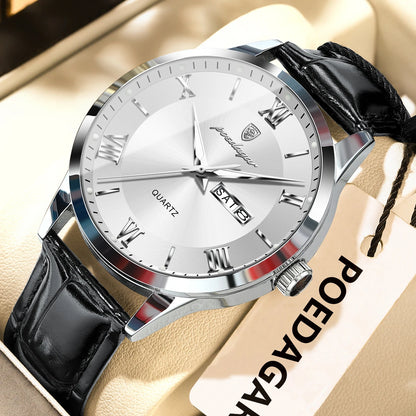 Montre homme tendance POEDAGAR, bracelet en cuir, date et semaine, montre à quartz de luxe, étanche, lumineuse, style business décontracté.