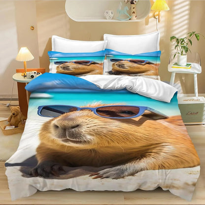 Conjunto de Capa de Edredão e Fronha com 4 Capivaras em Desenho Animado, Roupa de Cama Capivara para Adulto, Rapaz e Rapariga, Decoração de Quarto Infantil, Tamanho Individual e Duplo