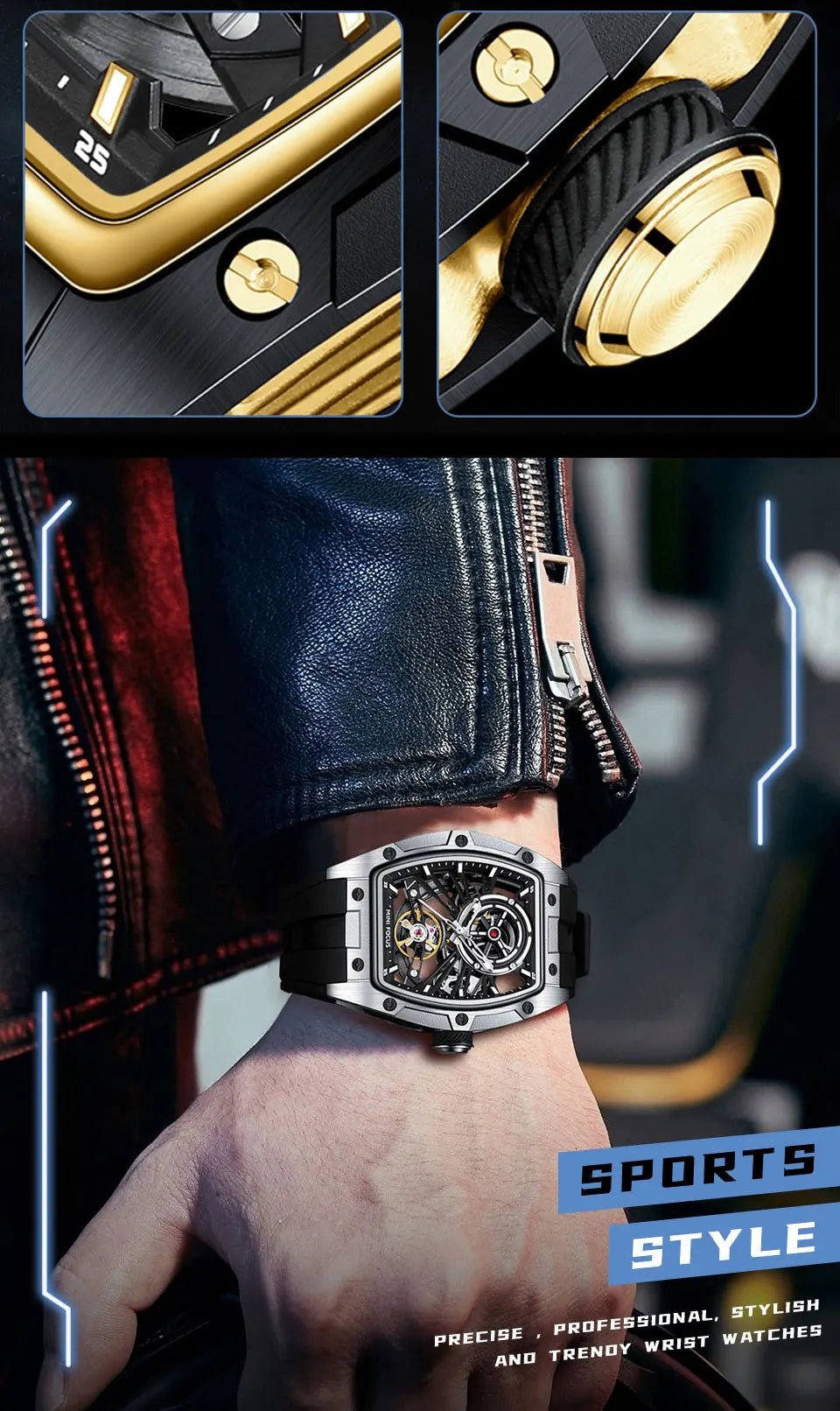 MINI FOCUS Men's Wristwatch Fashion Black Waterproof Automatic Mechanical Watch with Luminous Hands Silicone Strap Tonneau Dial
