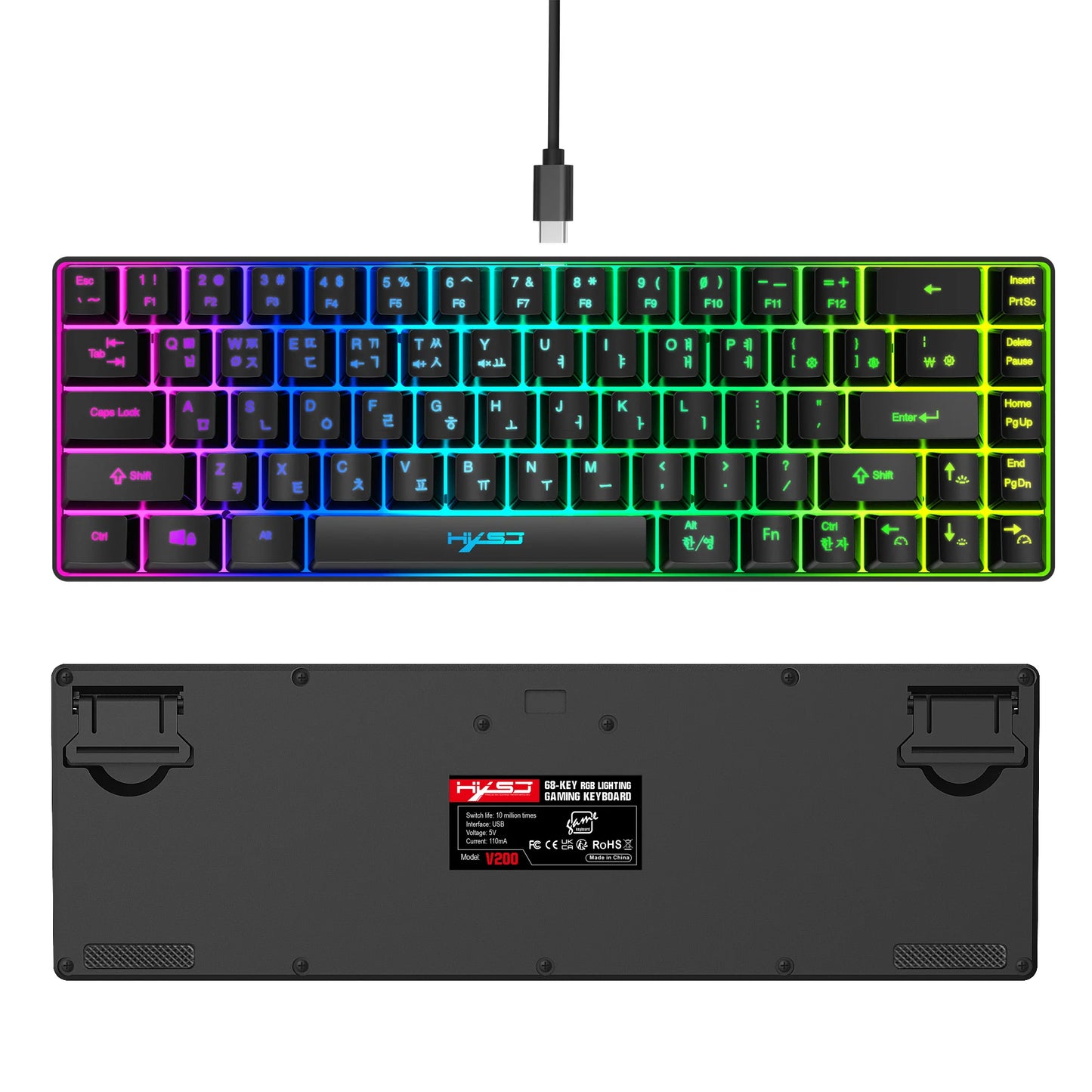 Teclado gaming coreano portátil HXSJ V200 de 68 teclas, teclado de membrana cableado para oficina con retroiluminación RGB al 65% para PC de escritorio y portátiles